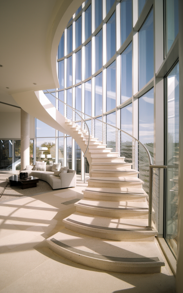 An elegant and natural-looking realistic photograph of a circular staircase placed beside floor-to-ceiling windows allowing sunlight to flood across the spiral steps and illuminate the surrounding living space decorated in modern contemporary interior style with natural lighting