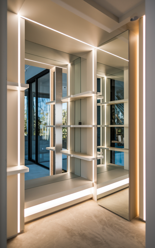 An elegant and natural-looking realistic photograph of an entryway enhanced with hidden LED strip lighting under shelves and behind mirrors creating a soft ambient glow decorated in modern ambient style with natural lighting