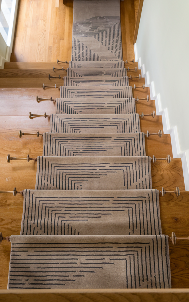 An elegant and natural-looking realistic photograph of a staircase anchored with a geometric sculptural runner rug secured with slim stair rods over clean wooden steps decorated in contemporary modern style with natural lighting