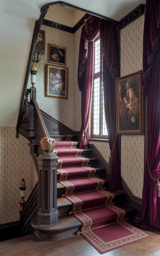An elegant and natural-looking realistic photograph of a richly layered staircase featuring patterned wallpaper, bold runner, dark wood banister, velvet drapes and ornate framed artwork creating a maximalist look decorated in grand Victorian style with natural lighting