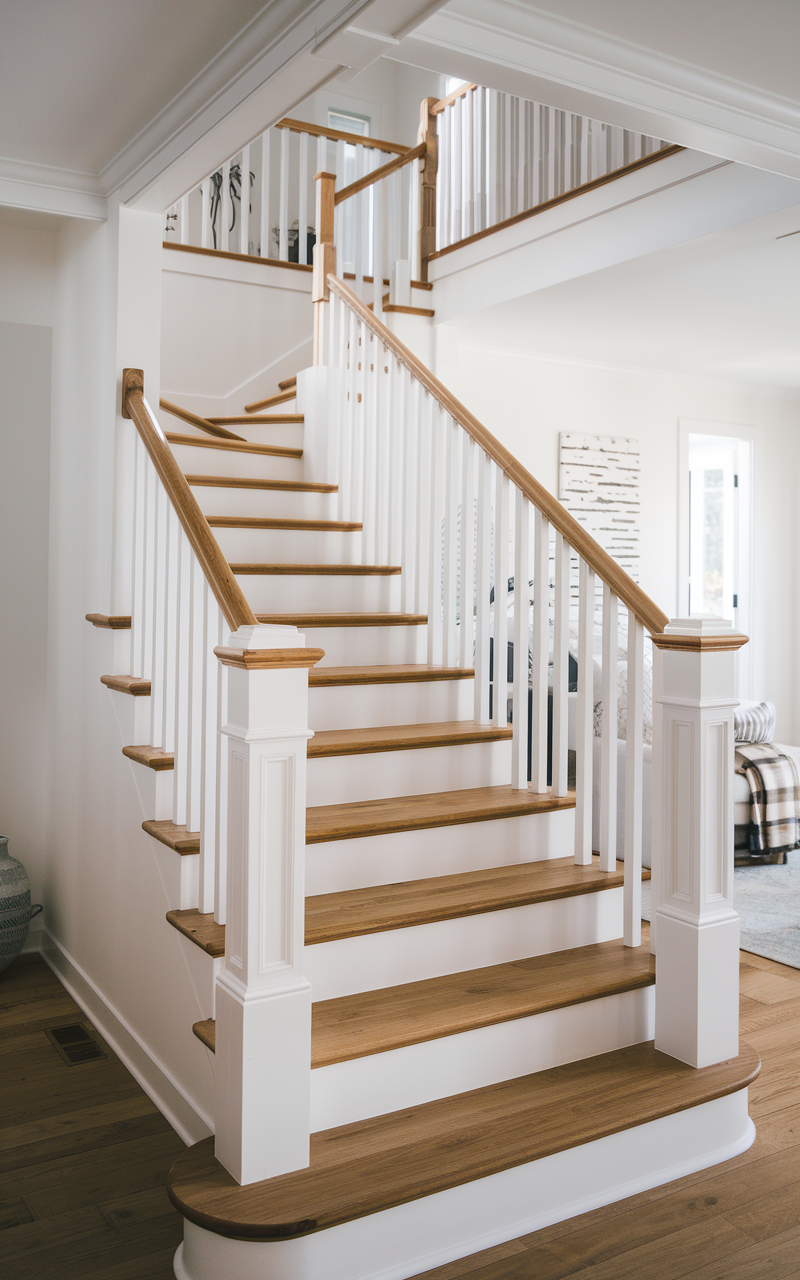 An elegant and natural-looking photograph of a simple staircase with sanded and refinished natural wood treads, clean white balusters, and a minimal stained wood handrail decorated in modern farmhouse style with natural lighting