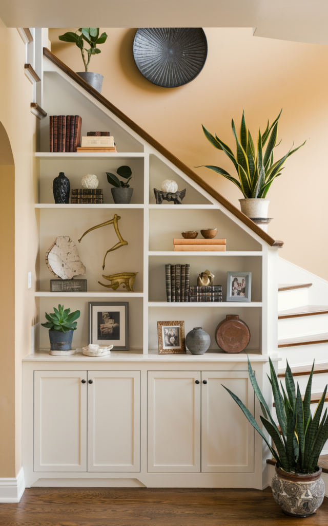 An elegant and natural-looking realistic photograph of a staircase storage design combining lower closed cabinets with upper open display shelves styled with plants, framed photos, books, and decorative objects along the stair wall decorated in warm contemporary home decor style with natural lighting
