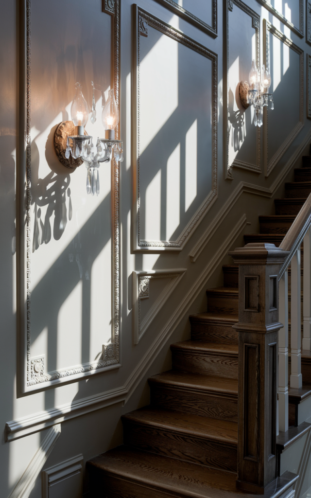 An elegant and natural-looking realistic photograph of a staircase wall with decorative molding panels highlighted by elegant wall sconces casting soft shadows beside a wooden staircase decorated in upscale transitional home decor style with natural lighting