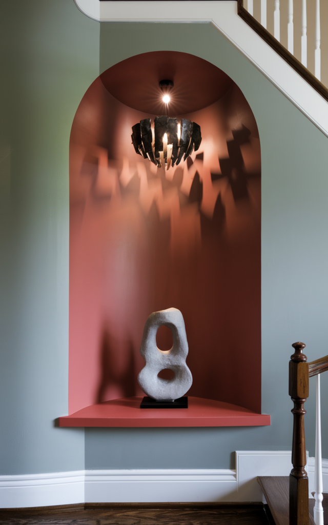 An elegant and natural-looking realistic photograph of an under-stair statement niche with bold contrasting paint, dramatic pendant lighting and a sculptural decor piece, decorated in contemporary artistic style with natural lighting