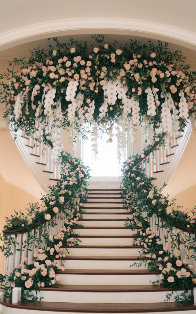 An elegant and natural-looking realistic photograph of the top of a wedding staircase featuring a grand floral installation with cascading roses, orchids, and greenery forming a breathtaking focal point above the steps decorated in luxurious romantic wedding style with natural lighting