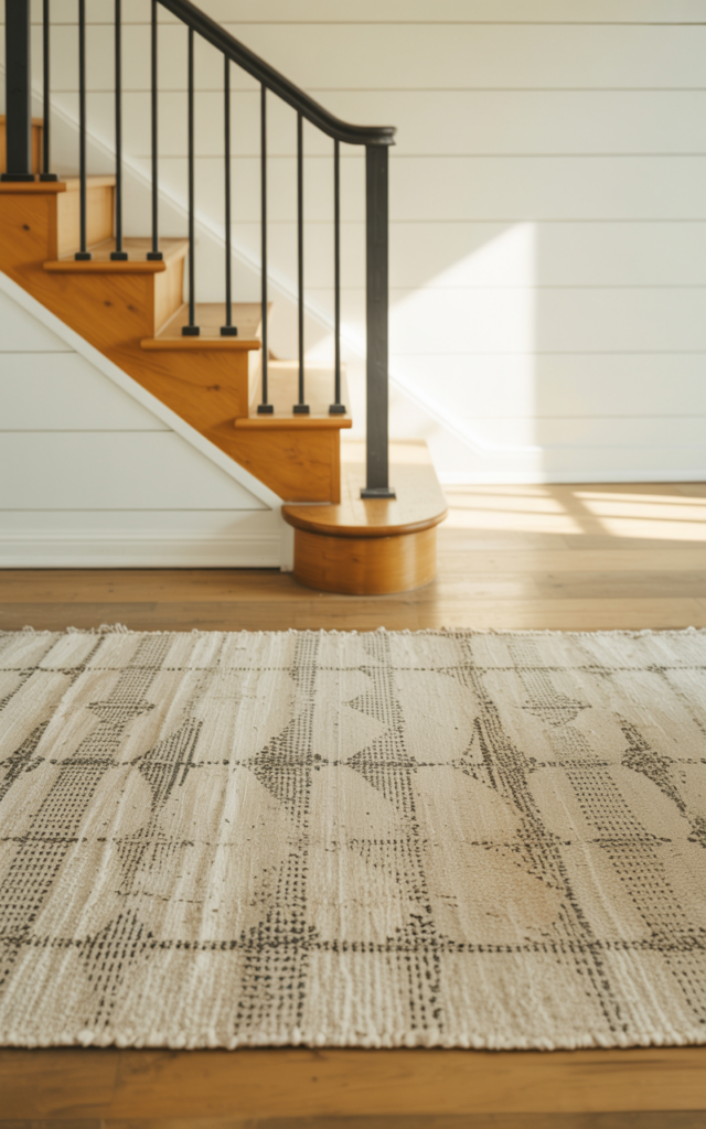 An elegant and natural-looking photograph of a staircase base anchored by a neutral farmhouse-style area rug with faded ivory and charcoal pattern, set against wooden treads and black railing decorated in modern farmhouse style with natural lighting