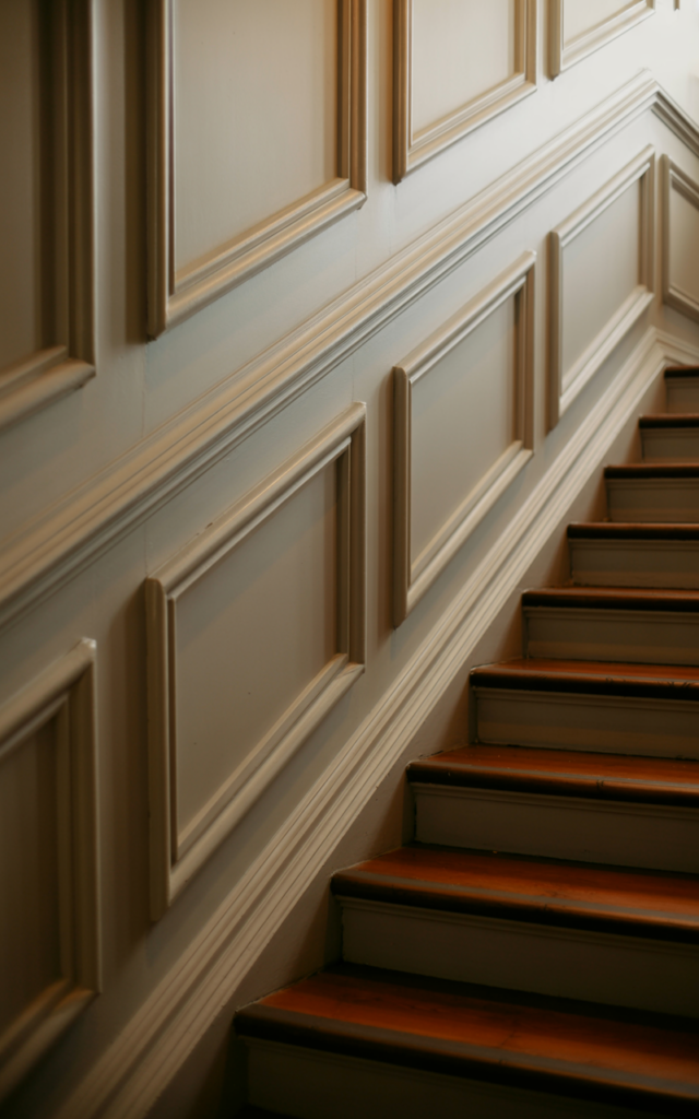 An elegant and natural-looking realistic photograph of a staircase wall with recessed panel molding creating deep built-in wall frames beside a classic staircase with white railing decorated in luxury traditional home decor style with natural lighting