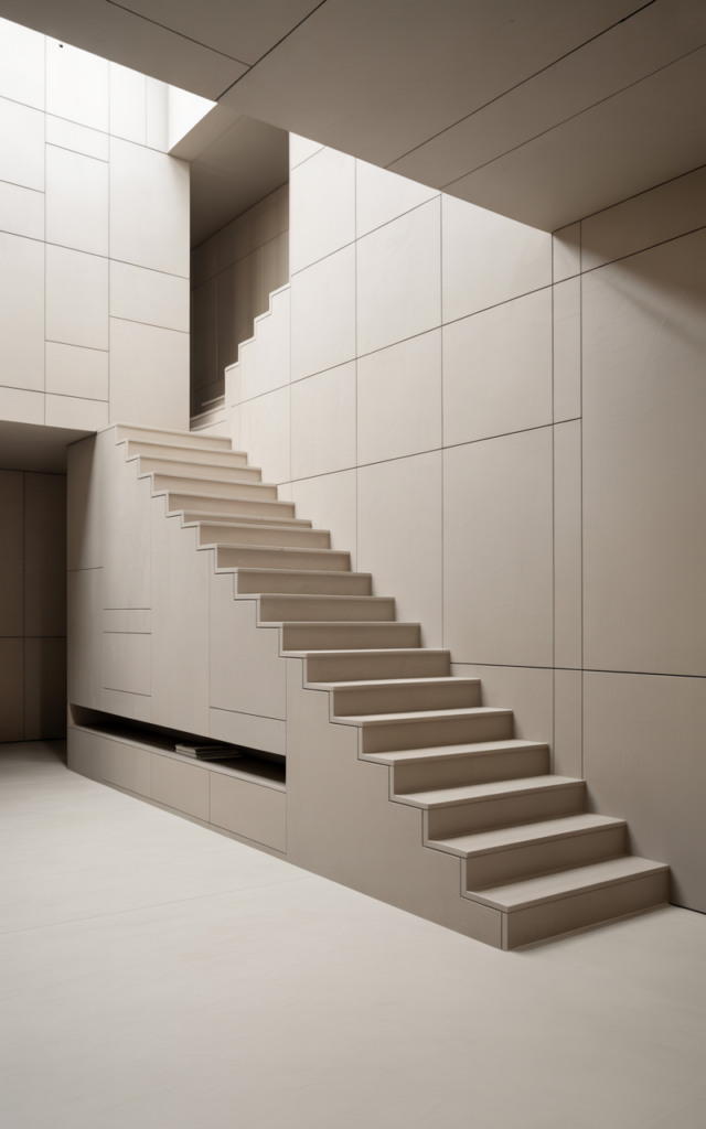 An elegant and natural-looking realistic photograph of a staircase seamlessly blended into surrounding walls with concealed flush doors and hidden storage panels creating a continuous surface decorated in modern minimalist style with natural lighting