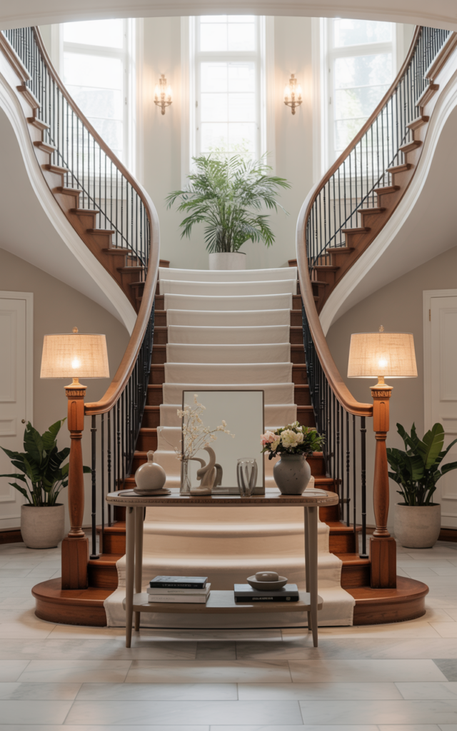 An elegant and natural-looking realistic photograph of a grand curved staircase foyer styled symmetrically with matching lamps and planters on either side of a central console table decorated in balanced transitional style with natural lighting