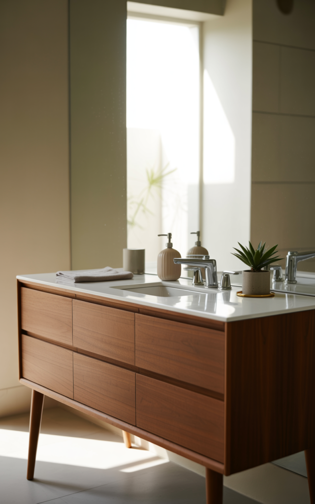 An elegant and natural-looking realistic photograph of a bathroom vanity with completely clutter-free countertops showcasing only essential items decorated in mid century modern style with natural lighting