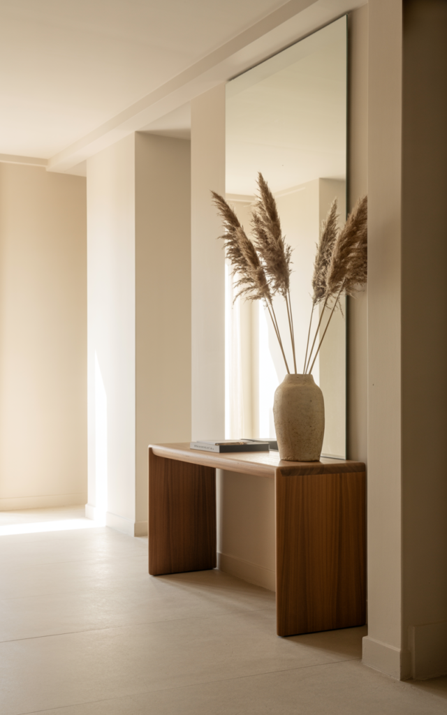 An elegant and natural-looking realistic photograph of a minimal entrance with a simple console, one decor piece, and clean uncluttered space decorated in ultra minimalist style with natural lighting