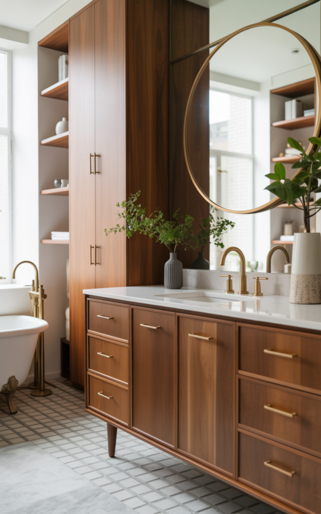 An elegant and natural-looking realistic photograph of a bathroom with consistent minimal hardware across cabinets, fixtures, and accessories maintaining a cohesive design decorated in mid-century modern style with natural lighting