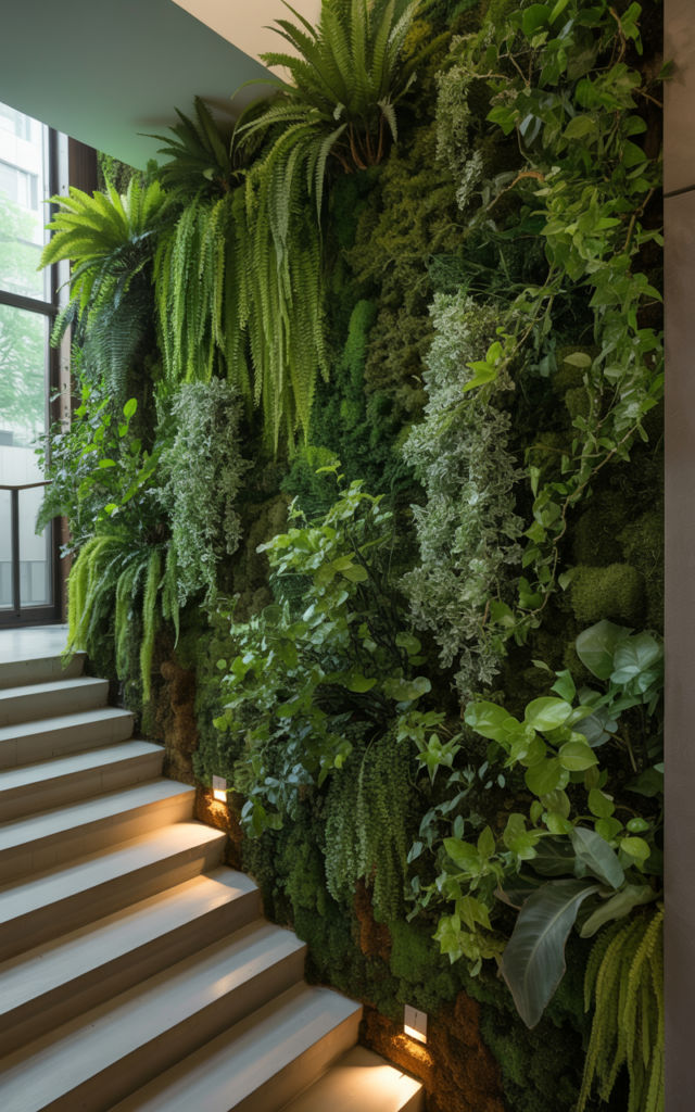 An elegant and natural-looking realistic photograph of a staircase wall covered with vertical greenery and plants illuminated by small uplights placed at the base, casting soft leafy shadows across the wall along the stairs, decorated in biophilic modern interior style with natural lighting