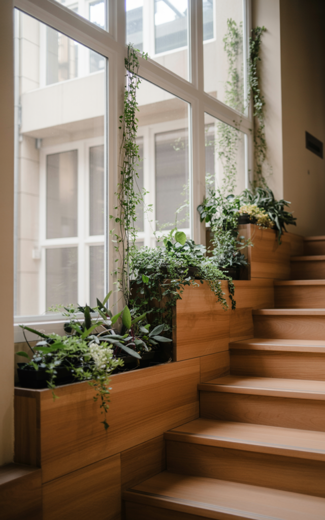 An elegant and natural-looking realistic photograph of a staircase window with built-in planters below filled with lush green plants climbing toward the light beside wooden stairs decorated in biophilic modern style with natural lighting