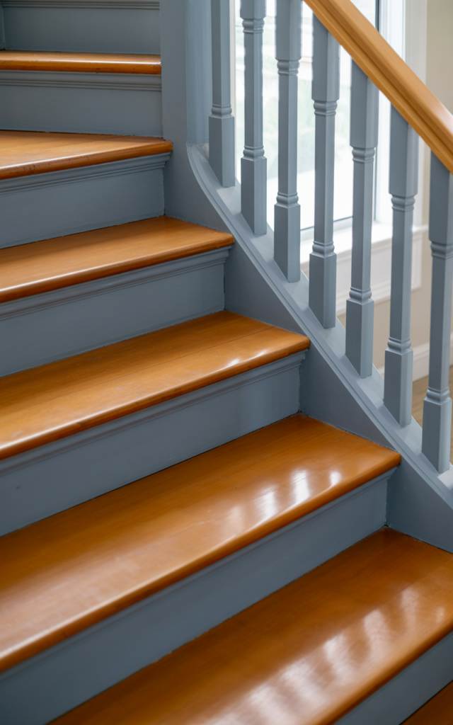 An elegant and natural-looking realistic photograph of a two-tone staircase with natural wood treads and soft gray painted risers paired with matching gray spindles decorated in modern farmhouse style with natural lighting