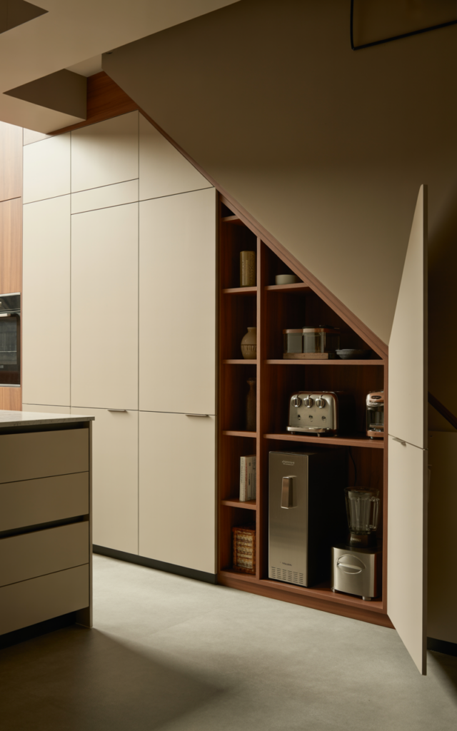 An elegant and natural-looking realistic photograph of an under-stair pantry and appliance garage combo with deep cabinets, interior outlets and concealed kitchen appliances, decorated in modern minimalist style with natural lighting