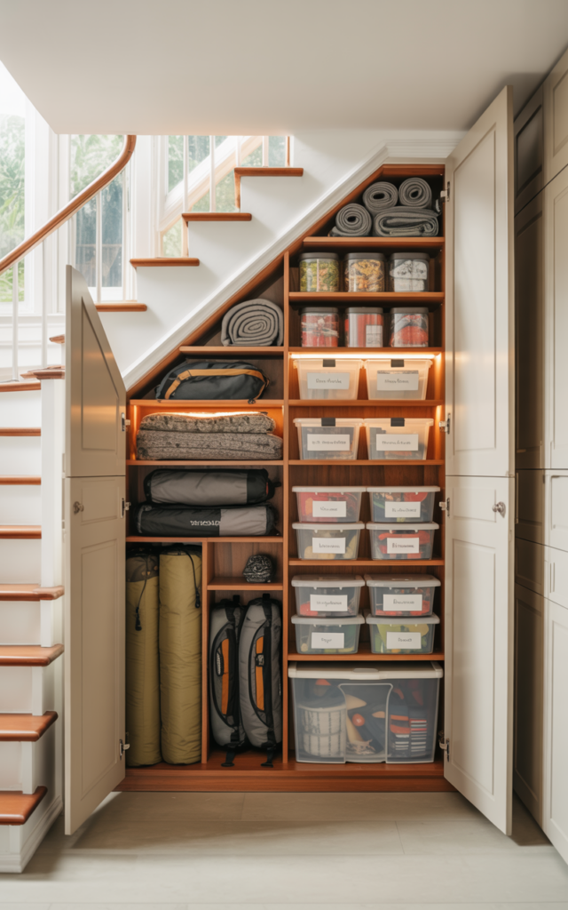 An elegant and natural-looking realistic photograph of a deep under-stair storage vault with wide cabinet doors opening to reveal large seasonal storage items such as holiday decor boxes and camping gear neatly stacked inside decorated in modern practical storage decor style with natural lighting