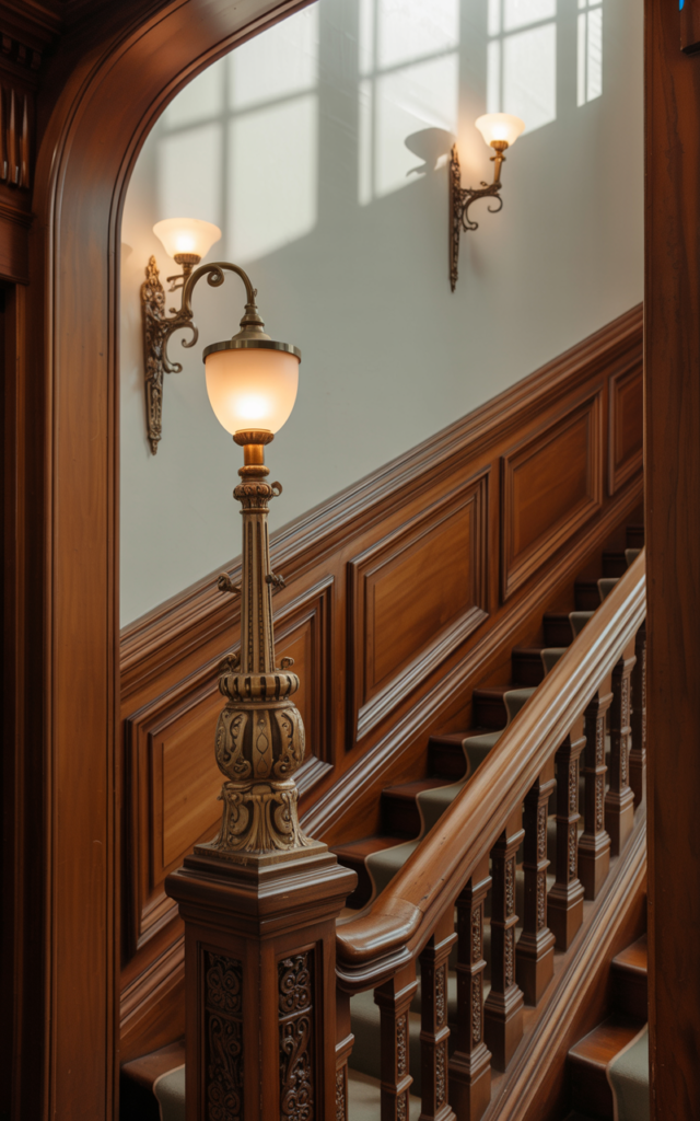 An elegant and natural-looking realistic photograph of a staircase illuminated by vintage-inspired brass wall sconces with frosted glass shades casting soft light along paneled walls and carved banister decorated in elegant Victorian style with natural lighting