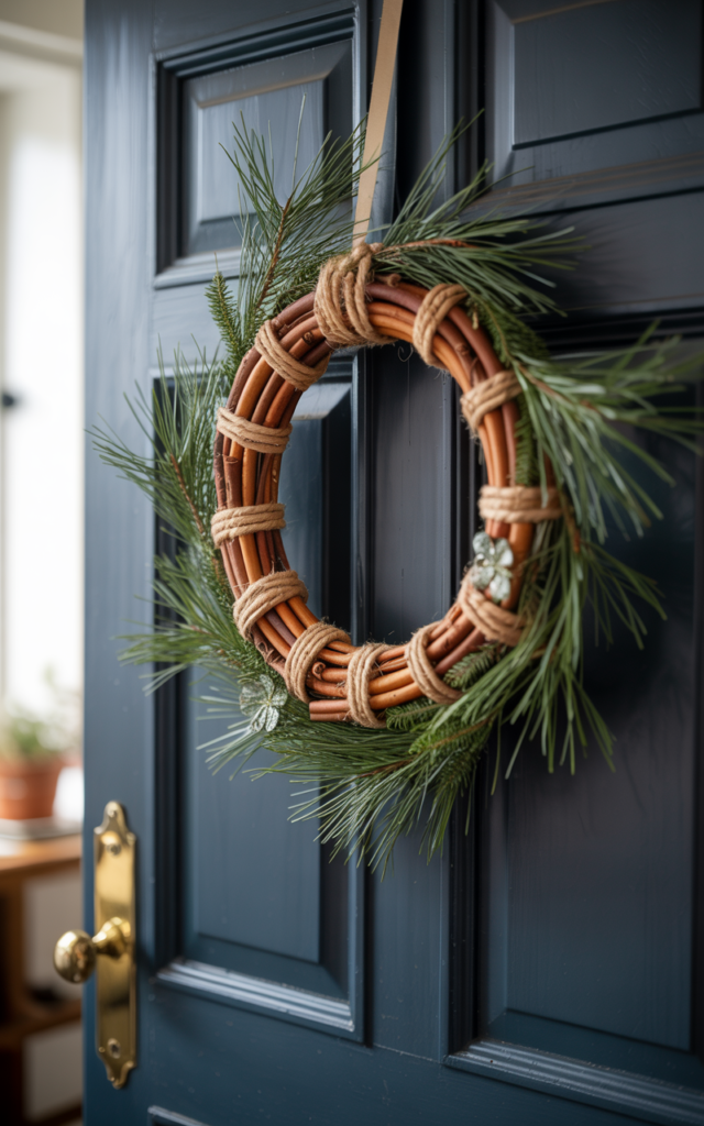 An elegant and natural-looking realistic photograph of a winter front door styled with a wreath combining pine needles and cinnamon sticks creating both texture and subtle scent decorated in rustic natural style with natural lighting