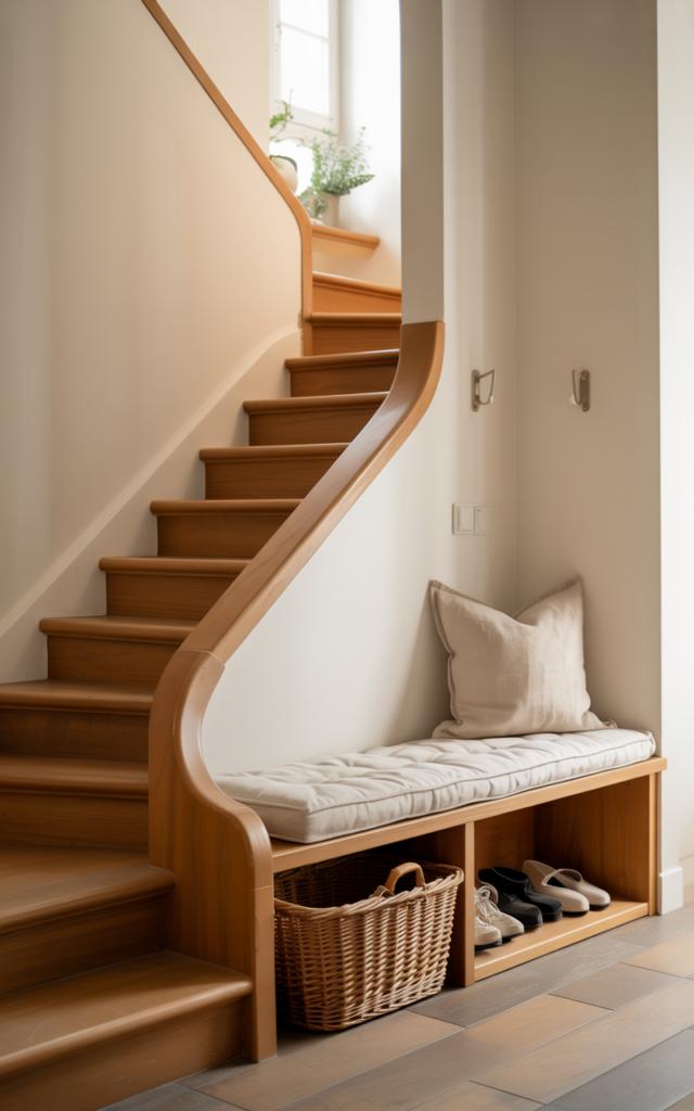 An elegant and natural-looking realistic photograph of a staircase where the handrail structure extends into a small built-in bench with a cushion and basket for shoes at the bottom of the stairs beside warm wooden steps decorated in modern entryway home decor style with natural lighting