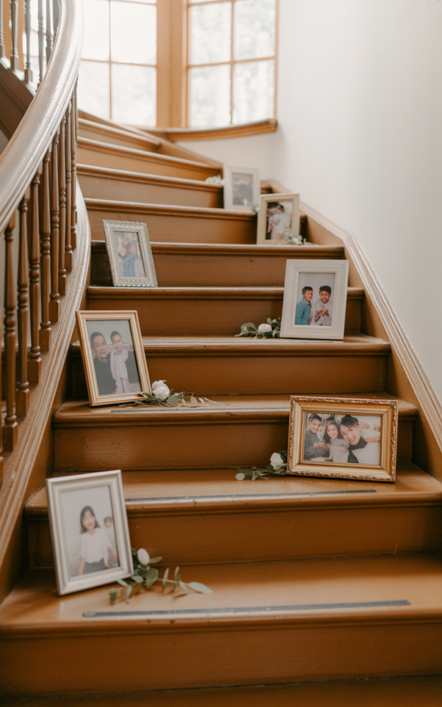 An elegant and natural-looking realistic photograph of a staircase lined with small framed photos of friends and family placed along the steps creating a nostalgic memory walkway decorated in sentimental wedding style with natural lighting
