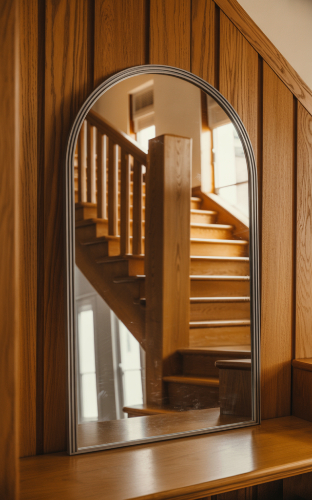 An elegant and natural-looking realistic photograph of an oak staircase wall featuring a large arched statement mirror reflecting light and architectural details to expand the space decorated in elegant modern style with natural lighting