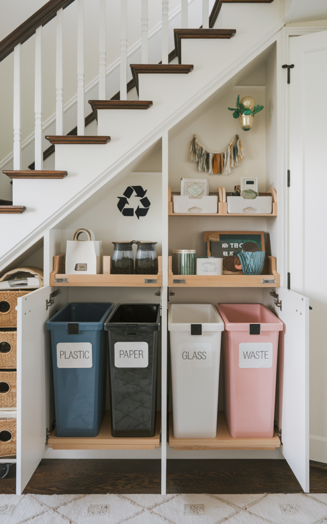 An elegant and natural-looking realistic photograph of a hidden recycling and trash sorting station installed under a staircase with pull-out bins labeled for plastic, paper, glass, and waste inside a clean cabinet system decorated in modern eco-friendly home organization decor style with natural lighting

