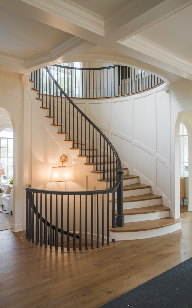 An elegant and natural-looking realistic photograph of a curved staircase foyer with the railing painted in a bold matte black contrasting against soft white walls highlighting the elegant arc decorated in modern farmhouse style with natural lighting