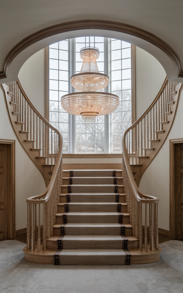 An elegant and natural-looking realistic photograph of a grand staircase window paired with a statement chandelier hanging in front, sparkling in daylight above elegant stairs decorated in luxury transitional style with natural lighting