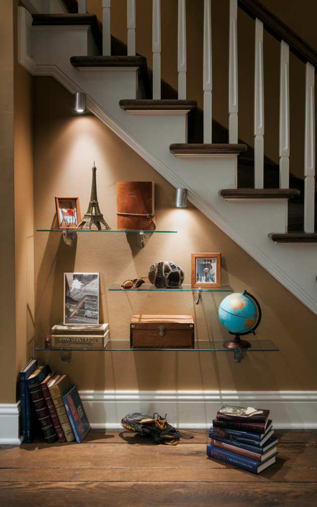 An elegant and natural-looking realistic photograph of an under-stair travel memory display with glass shelves, curated souvenirs and subtle spotlights, decorated in warm eclectic style with natural lighting