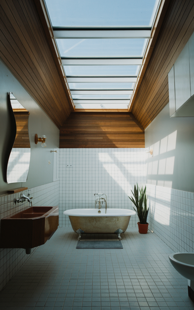 An elegant and natural-looking realistic photograph of a bathroom illuminated by a skylight allowing natural sunlight to flood the space highlighting wood and neutral textures decorated in mid-century modern style with natural lighting
