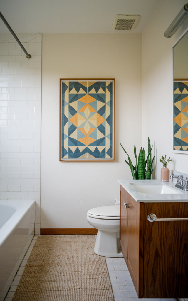 An elegant and natural-looking realistic photograph of a bathroom wall with clean-lined framed abstract artwork adding personality without clutter decorated in mid century modern style with natural lighting