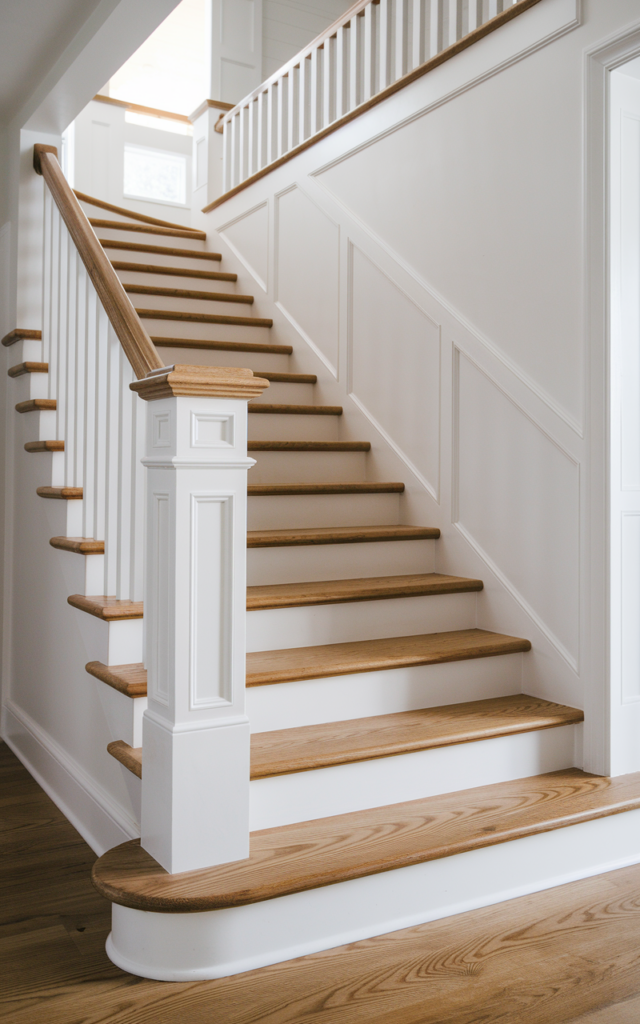 An elegant and natural-looking photograph of a staircase highlighted with subtle trim molding along each tread edge and along the wall line, paired with white risers and oak steps decorated in modern farmhouse style with natural lighting