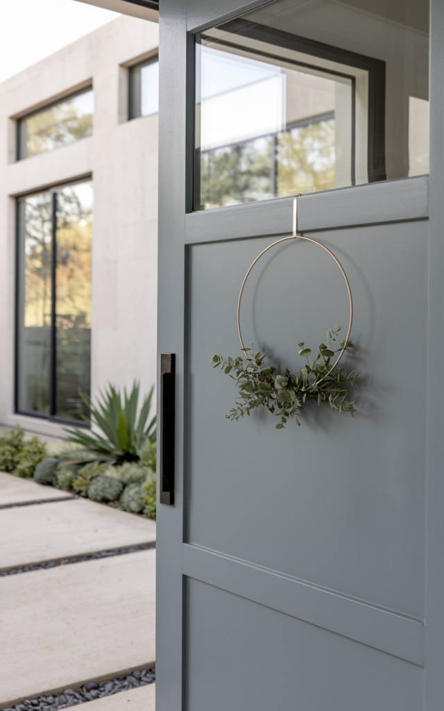 An elegant and natural-looking realistic photograph of a modern front door showcasing a thin metal hoop wreath with a small cluster of greenery accents for a clean look decorated in minimalist contemporary style with natural lighting