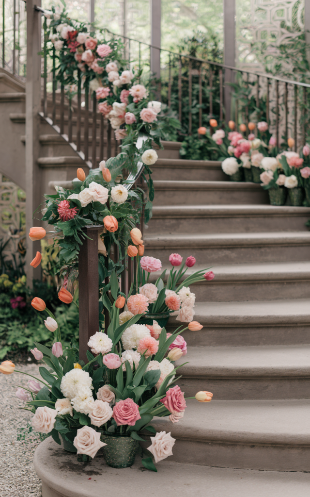 An elegant and natural-looking realistic photograph of a staircase decorated with seasonal flowers such as tulips, peonies, dahlias, and roses arranged along the railing and steps celebrating the wedding season decorated in seasonal garden wedding style with natural lighting