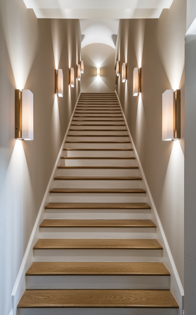 An elegant and natural-looking realistic photograph of a staircase lined with evenly spaced wall sconces casting a soft glow along neutral painted walls and medium tone wood steps decorated in contemporary elegant style with natural lighting