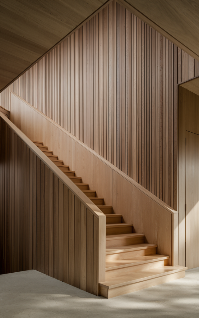 An elegant and natural-looking realistic photograph of a staircase set against a dramatic double-height vertical wood panel backdrop extending from floor to ceiling decorated in contemporary architectural style with natural lighting