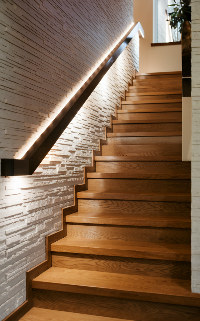 An elegant and natural-looking realistic photograph of a staircase with a sleek wooden handrail featuring hidden LED lighting behind it casting a soft wall wash glow across a textured staircase wall beside modern wood steps decorated in contemporary home decor style with natural lighting