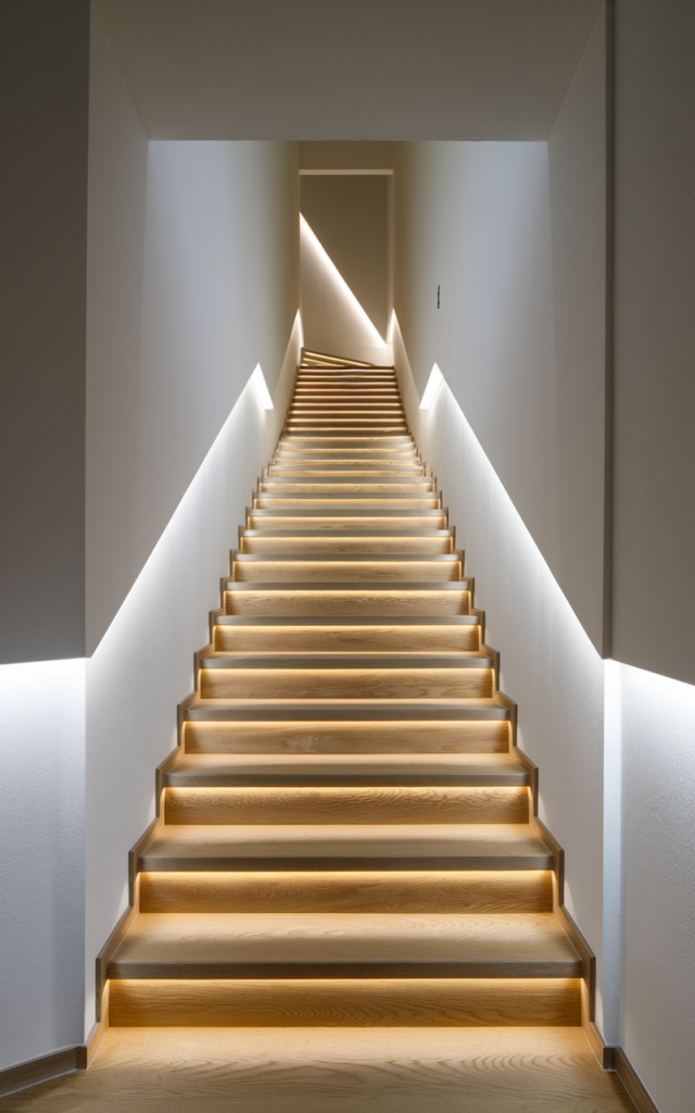 An elegant and natural-looking realistic photograph of a staircase equipped with smart lighting that subtly changes brightness along the steps and walls throughout the day, creating adaptive ambient illumination along the stairway, decorated in smart contemporary home decor style with natural lighting