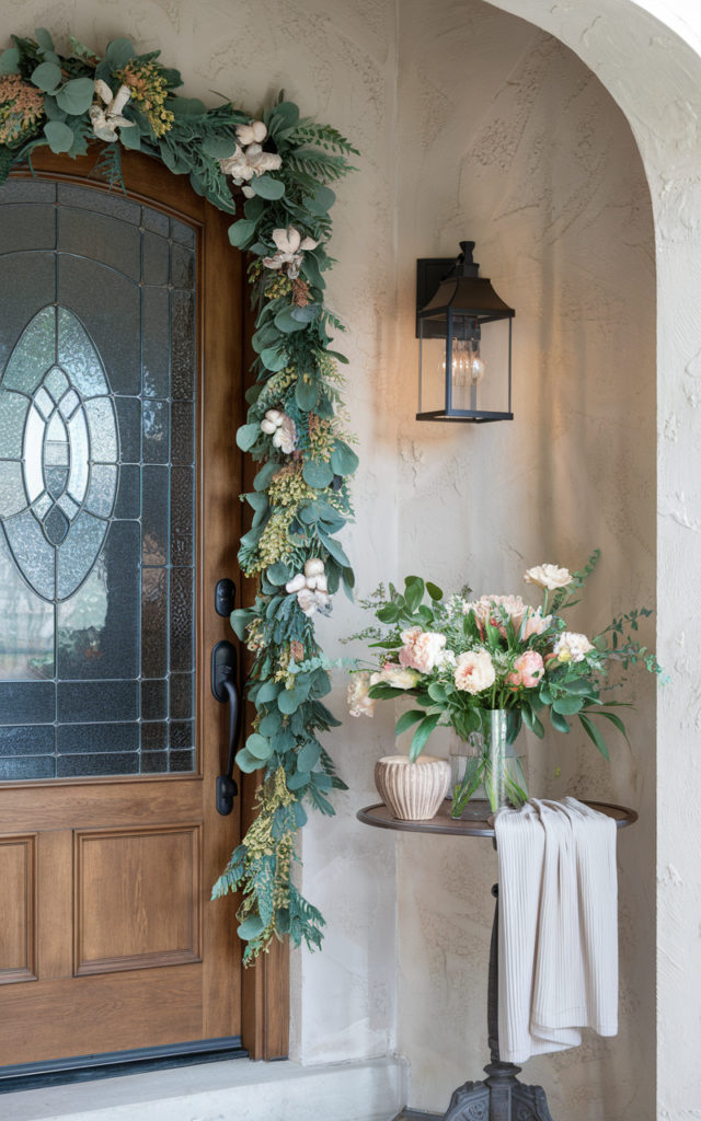 An elegant and natural-looking realistic photograph of an entrance styled with seasonal decor including fresh flowers and light fabrics creating a refreshing look decorated in seasonal transitional style with natural lighting