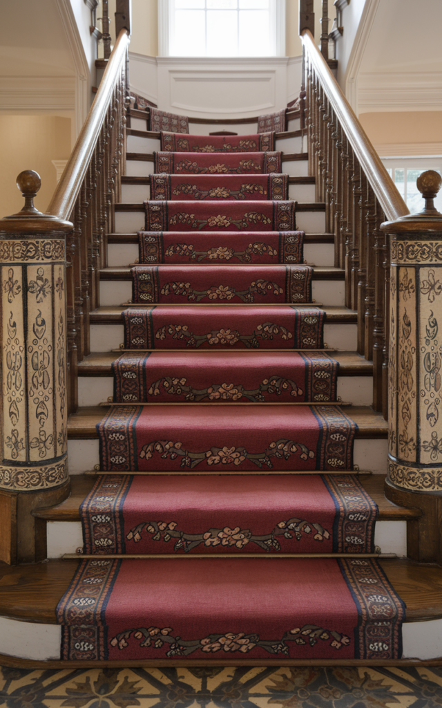 An elegant and natural-looking realistic photograph of a staircase with a hand-painted faux rug design running down the center of wooden steps bordered with intricate motifs and classic railing decorated in creative Victorian style with natural lighting