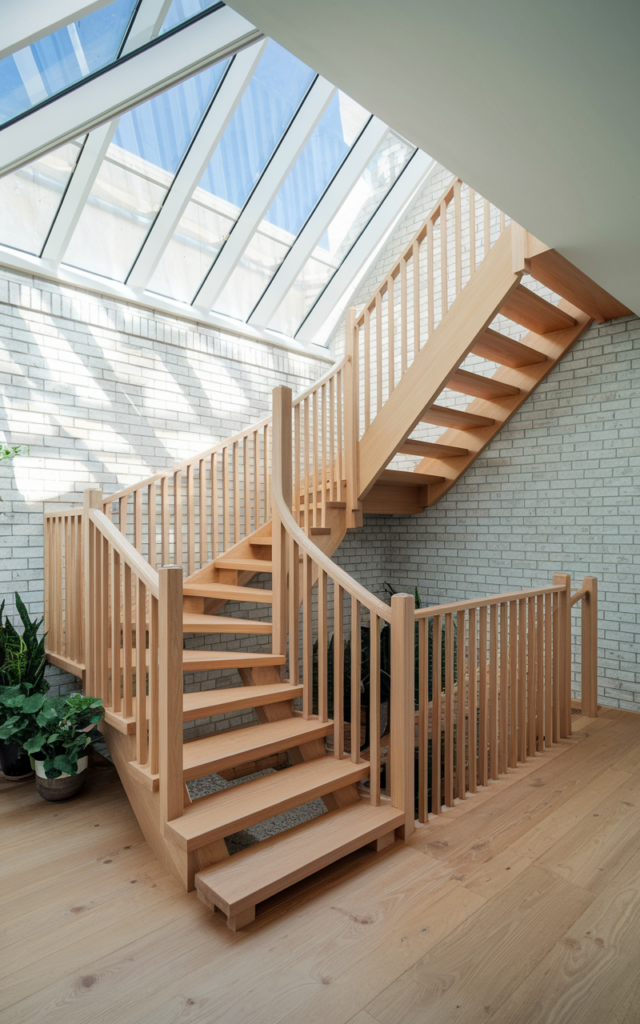 An elegant and natural-looking realistic photograph of an oak staircase positioned beneath a skylight allowing abundant daylight to stream down and illuminate the changing wood tones throughout the day decorated in airy contemporary style with natural lighting