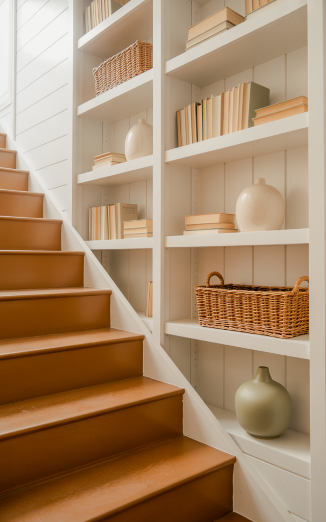 An elegant and natural-looking photograph of a staircase flanked by built-in open shelving styled with neutral books, woven baskets, and ceramic vases beside warm wood steps decorated in modern farmhouse style with natural lighting