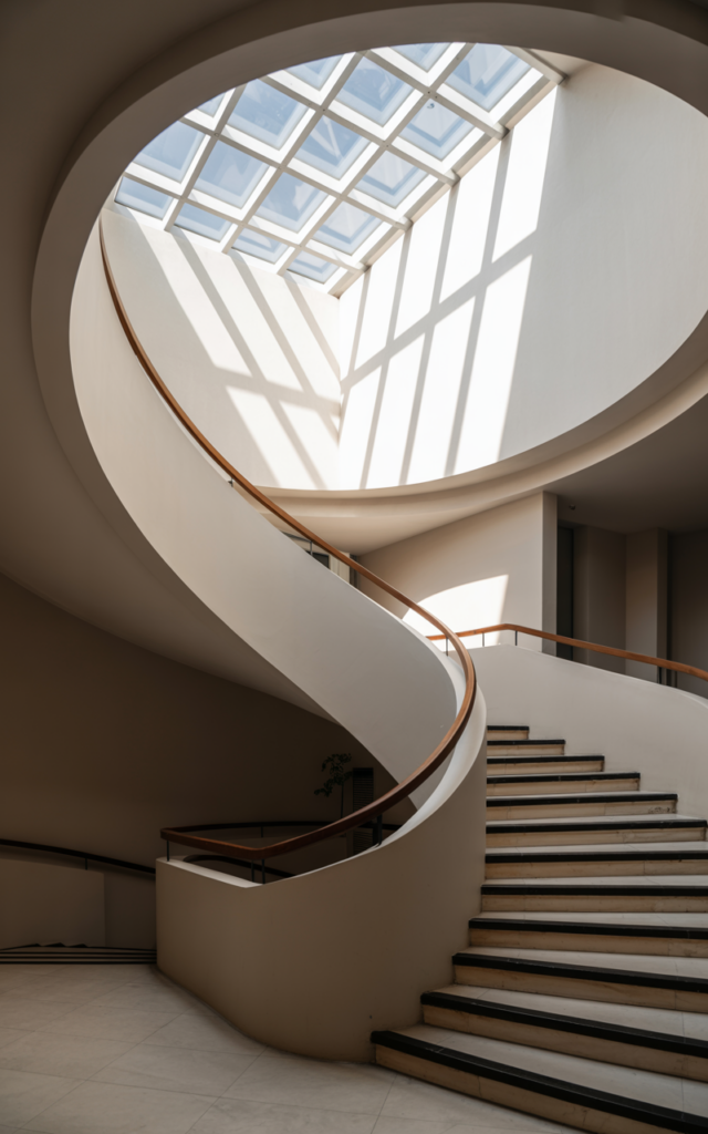 An elegant and natural-looking realistic photograph of a curved staircase foyer illuminated by a skylight above the staircase casting dynamic shadows across the curved railing decorated in airy modern style with natural lighting