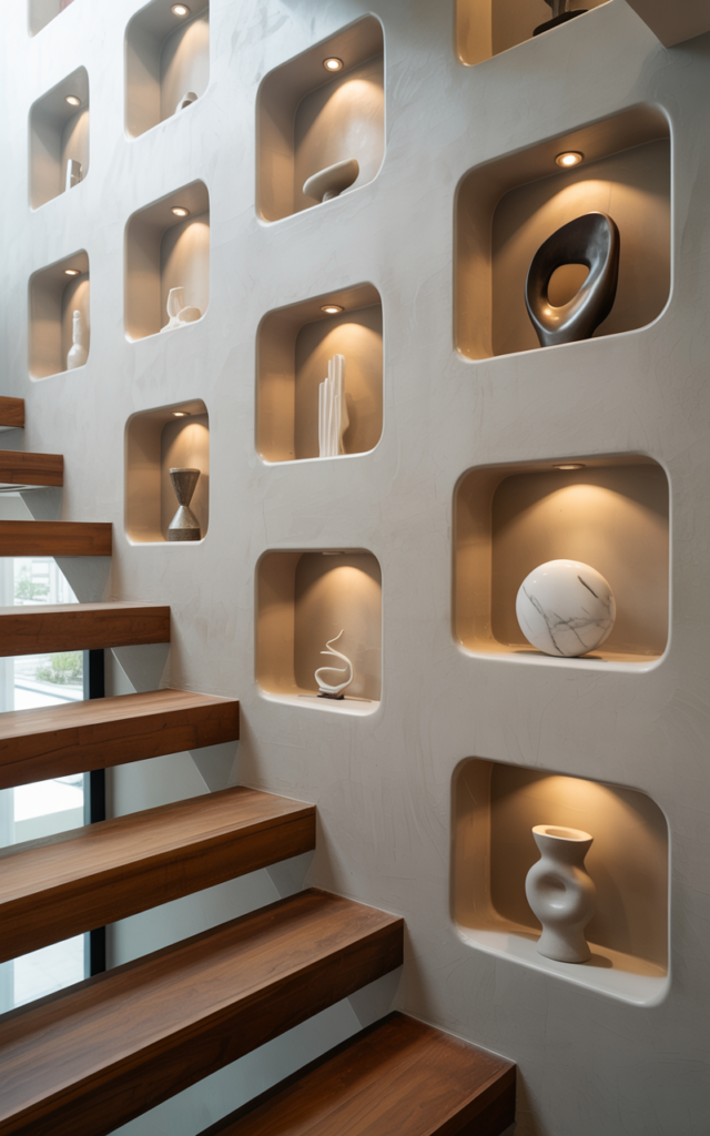 An elegant and natural-looking realistic photograph of a staircase wall designed with recessed display niches softly lit and styled with minimal sculptural decor pieces decorated in modern luxury style with natural lighting