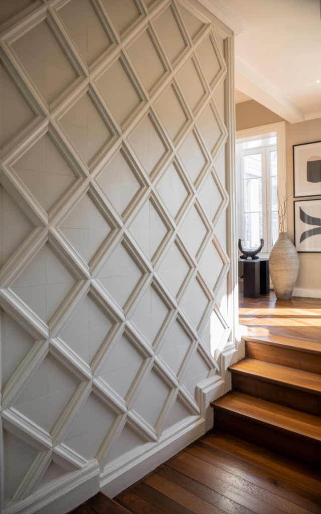 An elegant and natural-looking realistic photograph of a staircase wall with a bold diamond-pattern molding grid climbing upward beside a modern wooden staircase decorated in contemporary statement home decor style with natural lighting
