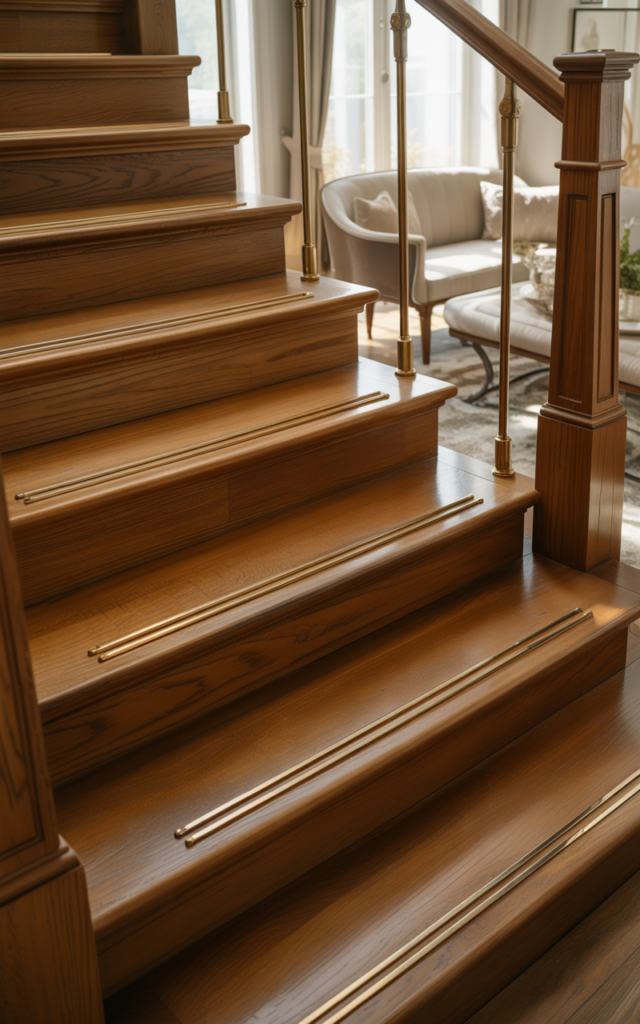An elegant and natural-looking realistic photograph of an oak staircase enhanced with brass stair rods and subtle metallic hardware accents complementing the warm wood finish decorated in transitional luxury style with natural lighting