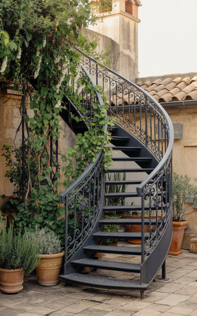 An elegant and natural-looking realistic photograph of an outdoor circular wrought iron staircase connecting a garden patio to a rooftop terrace with climbing plants wrapping along the railings decorated in Mediterranean outdoor design style with natural lighting