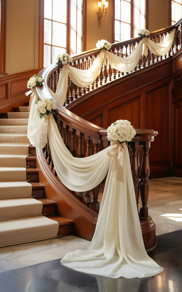 An elegant and natural-looking realistic photograph of a staircase with soft chiffon fabric swags draped gracefully between each railing post creating elegant flowing curves along the banister decorated in classic ballroom wedding style with natural lighting