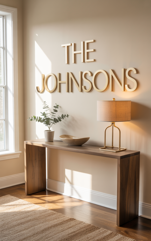 An elegant and natural-looking realistic photograph of an entryway featuring personalized name decor or initials displayed on the wall or console decorated in personalized modern style with natural lighting